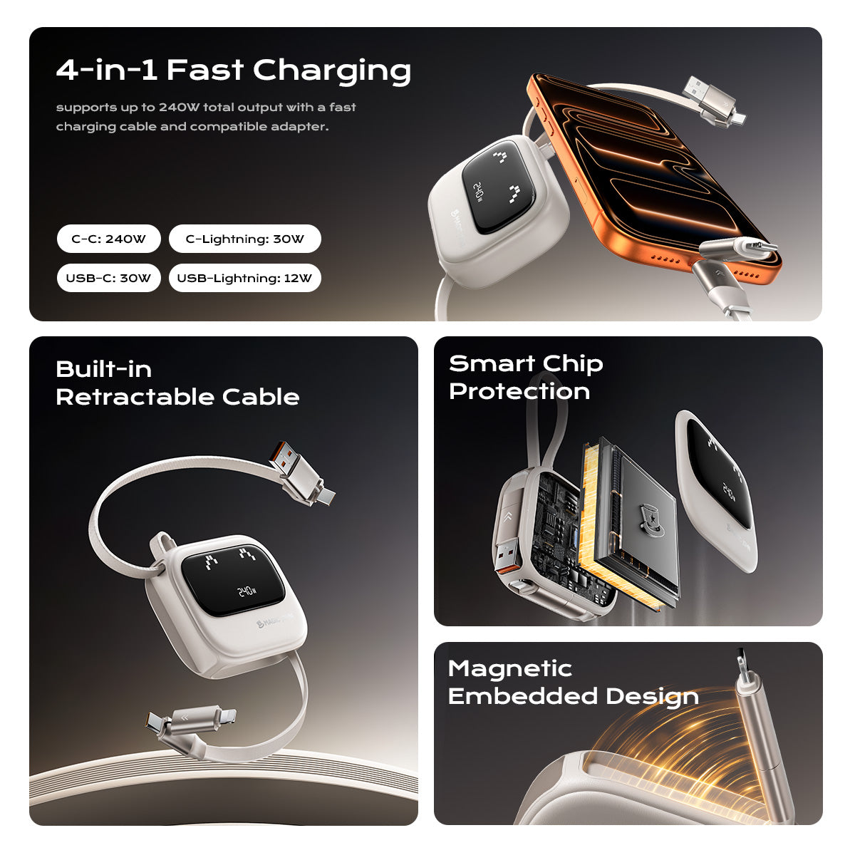 MAGIC JOHN 4-in-1 Retractable 240W Fast Charging Cable