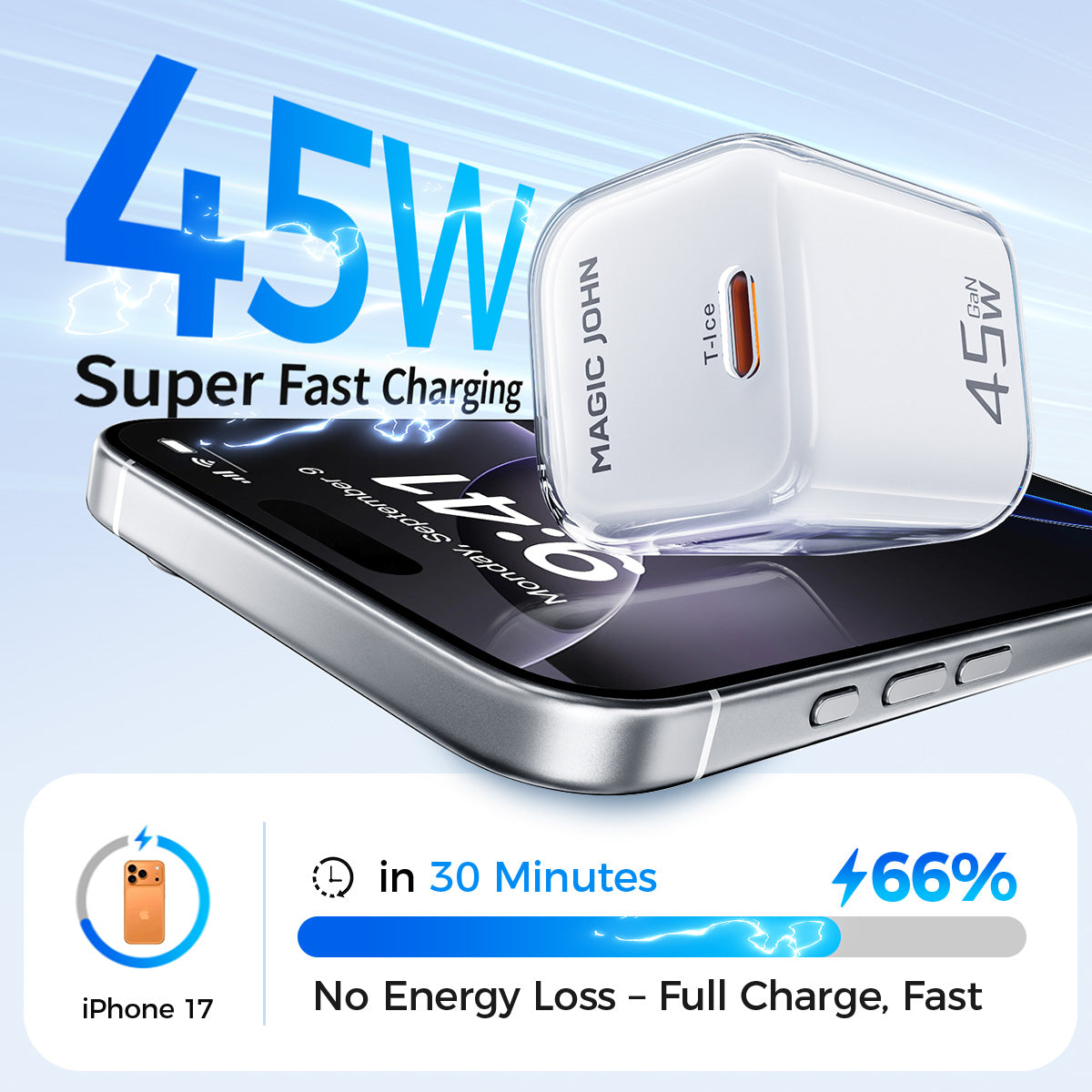 MAGIC JOHN 45W USB-C Fast Charger-Compact Power Adapter for iPhone 17/16/15 Pro Max/Air