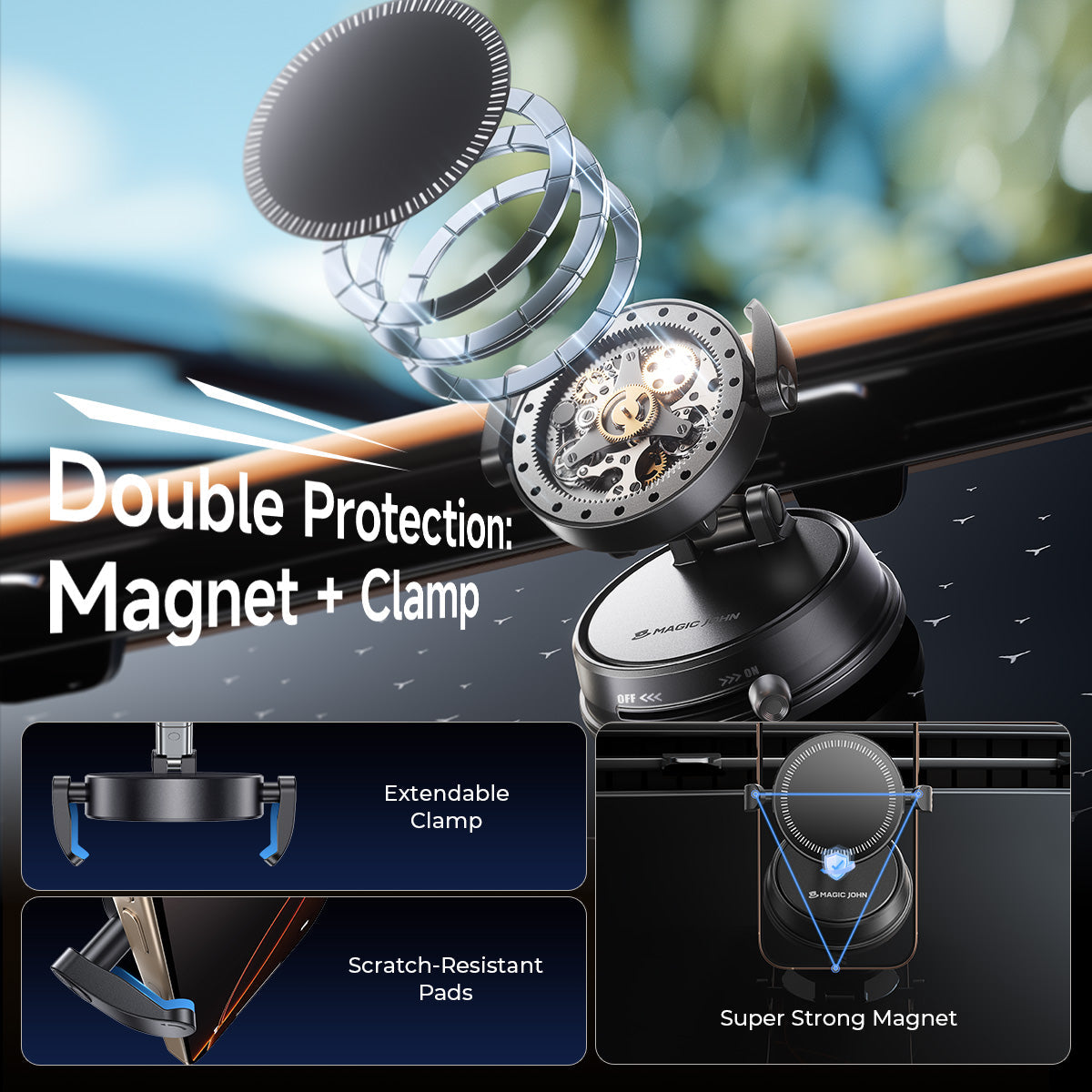 MAGIC JOHN 360° Adjustable Clip-On Car Magnetic Phone Holder