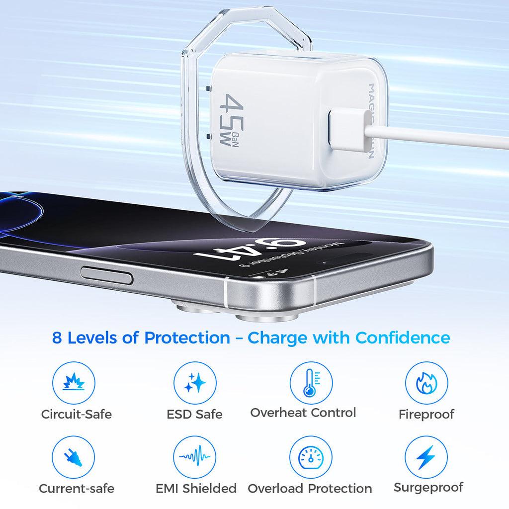 MAGIC JOHN 45W USB-C Fast Charger-Compact Power Adapter for iPhone 17/16/15 Pro Max/Air