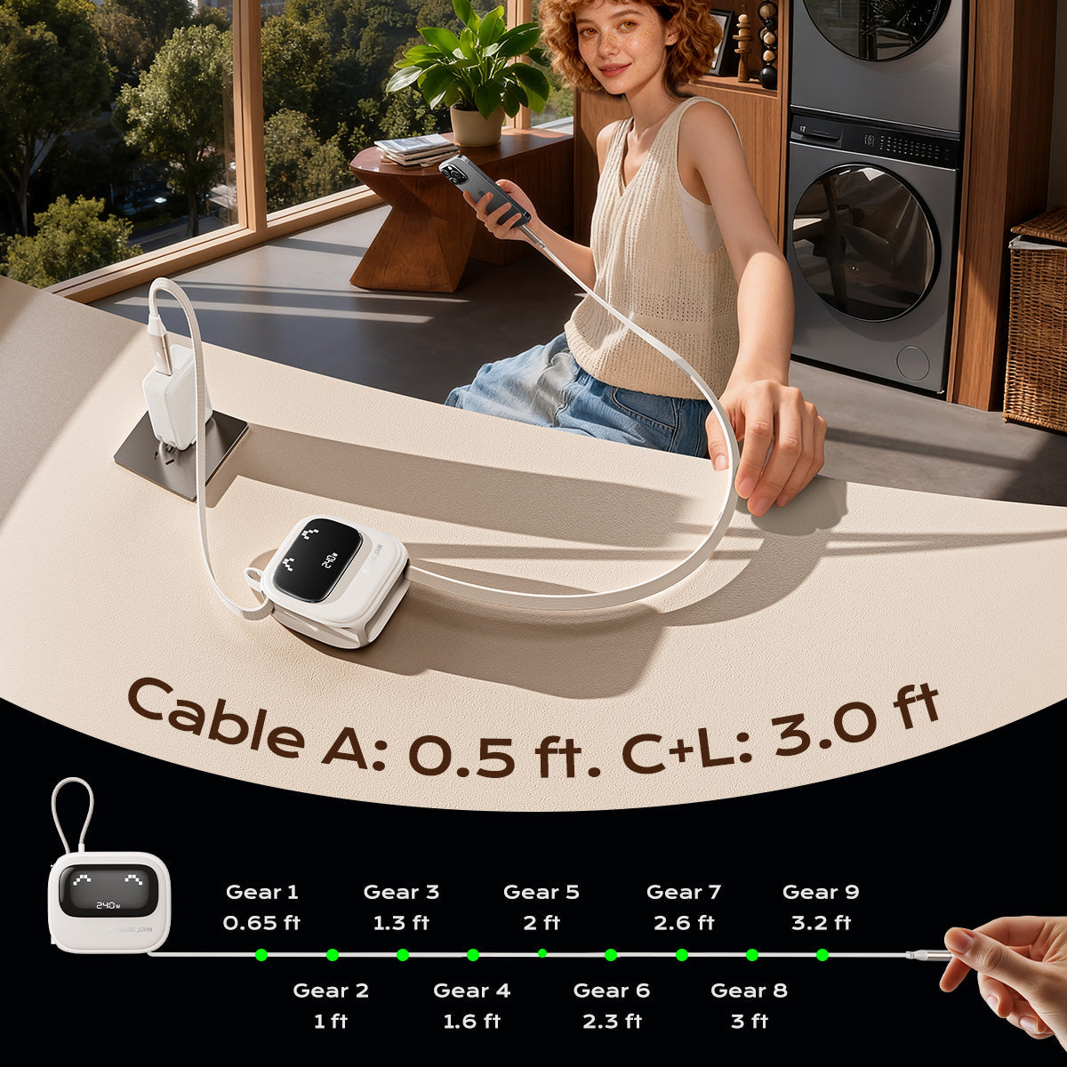 MAGIC JOHN 4-in-1 Retractable 240W Fast Charging Cable